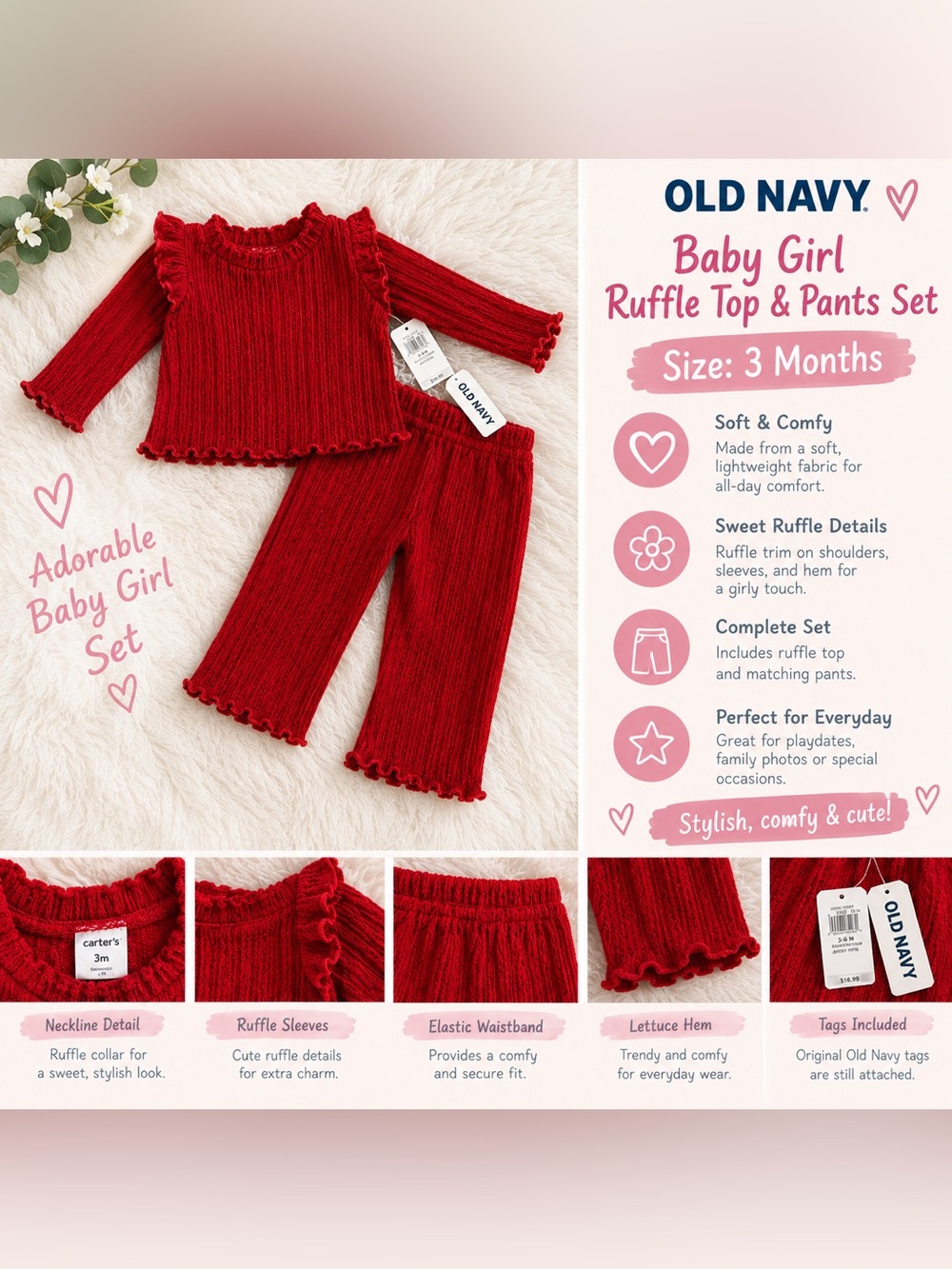 Old Navy Baby Girl Red Ribbed Ruffle Top & Pants Set
